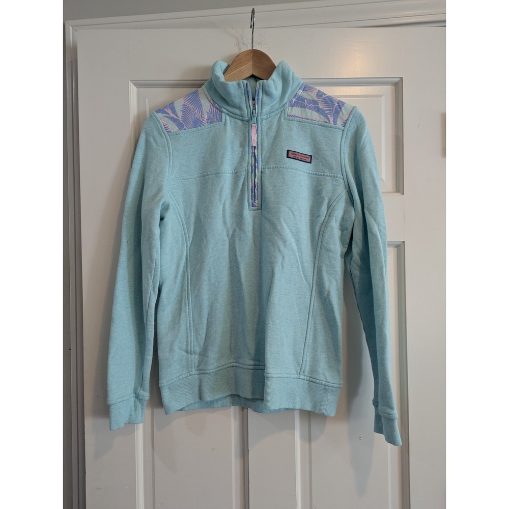 Vineyard Vines Shep Shirt Womens XS Mint Blue Tropical Shoulder 1/4 Zip Pullover